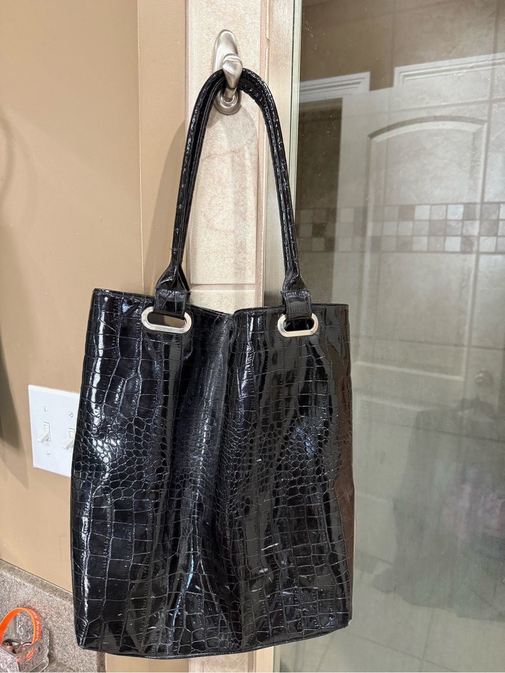 Black Croc-Embossed Patent Tote Bag